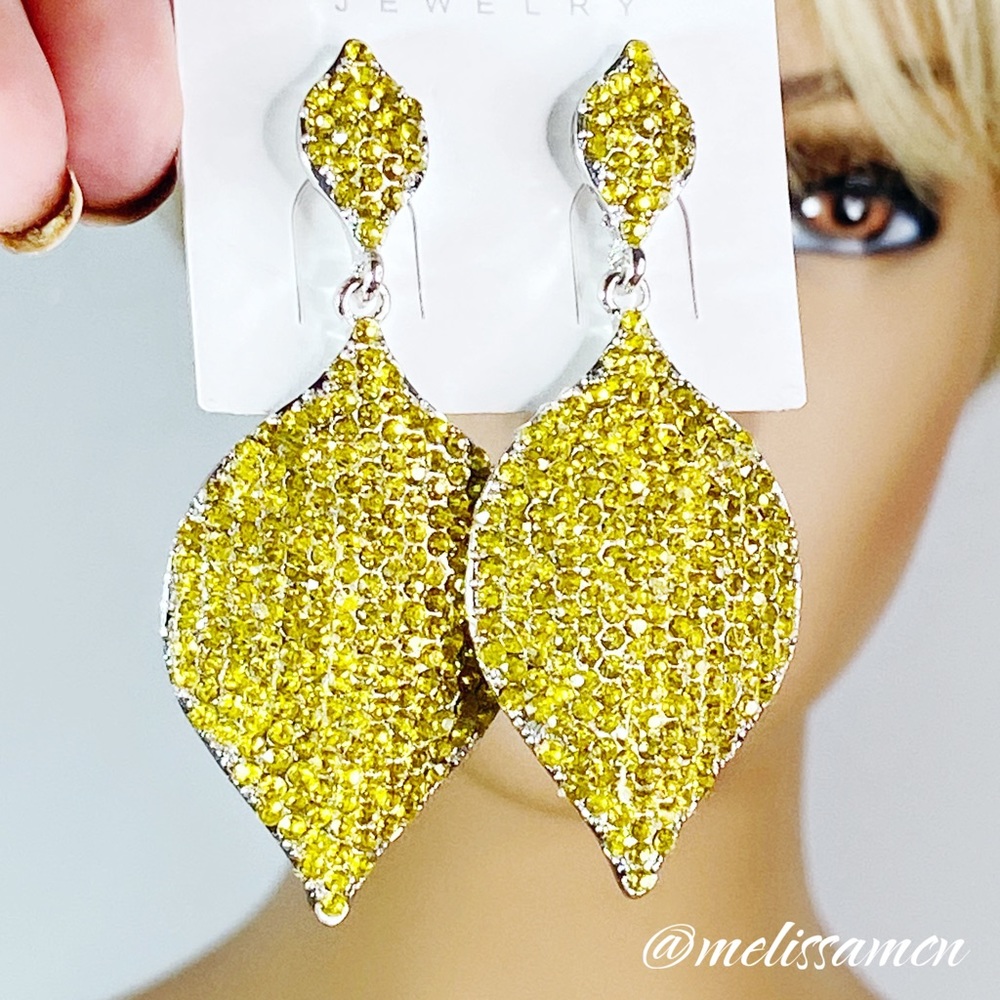 Yellow Micro Pave Rhinestone Lightweight Sparkly Statement Earrings - Picture 1 of 7